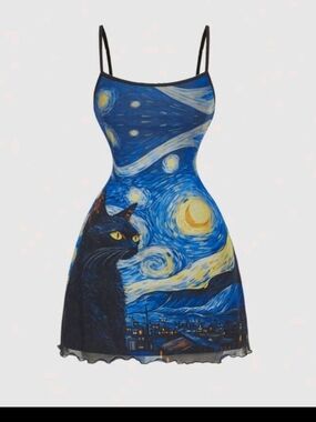 Blue Starry Night Cat Print Midi Dress